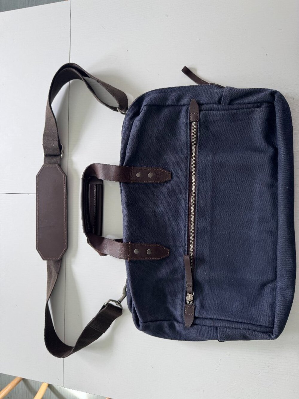 Ernest Alexander NYC Navy Canvas & Brown Leather Briefcase with Detachable Strap